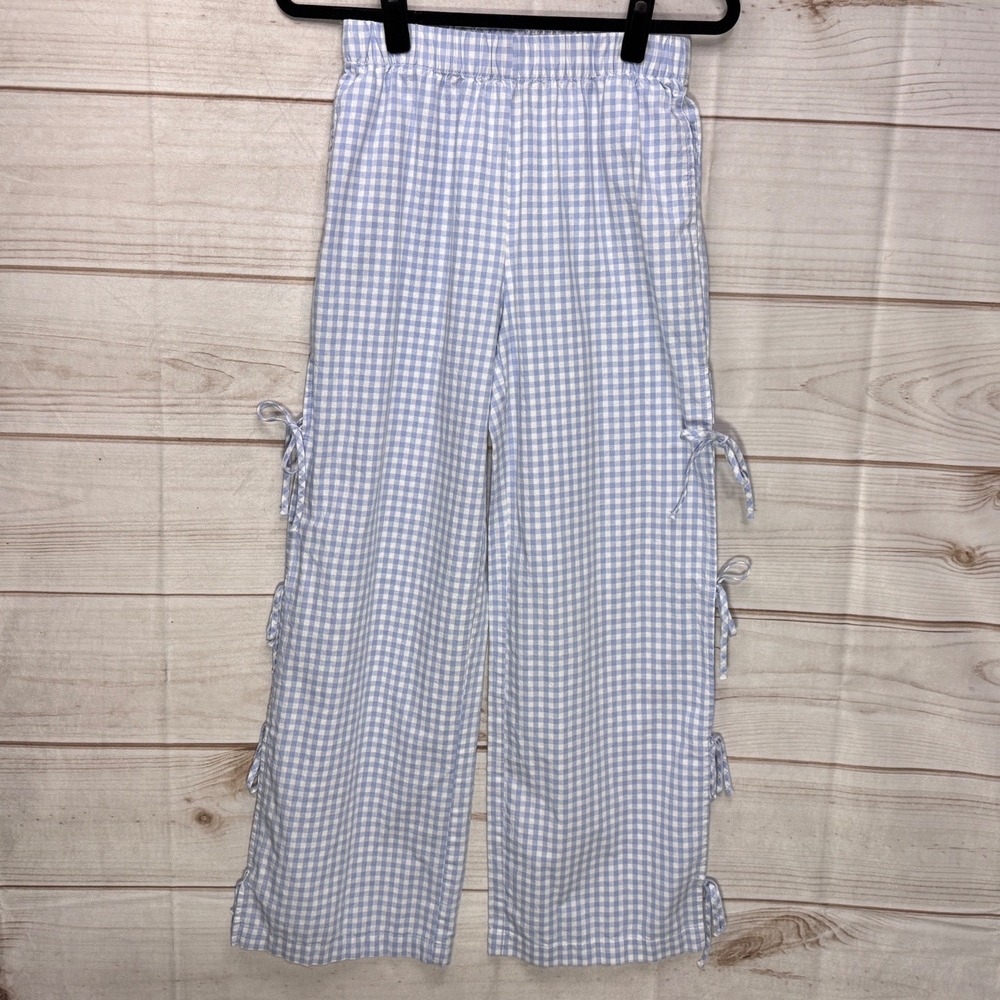 Sincerely Jules Pants Womens Small Blue Gingham Side Tie Bow Cotton Trousers